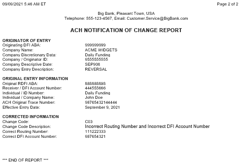 Screenshot of ACH Notification of Change Report