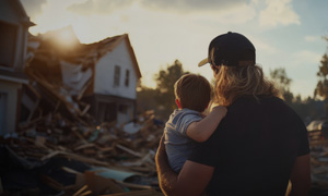 a woman, holding an infant, standing in front of a ruined home