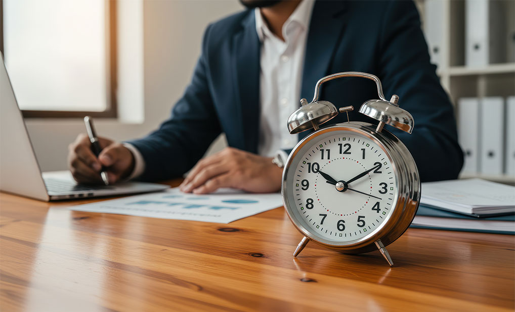 Close-up of analog clock on an individual's desk