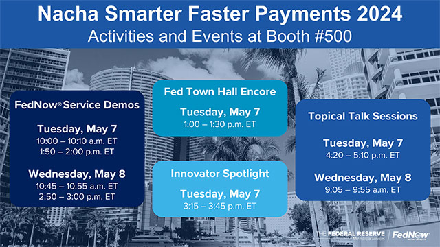 FedNow Service Demo on May 7 and 8; Fed Town Hall Encore May 7; Innovator Spotlight May 7; Topical Talk Sessions May 7 and 8