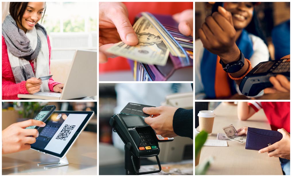 Collage of people using different payment types, including cash and credit card