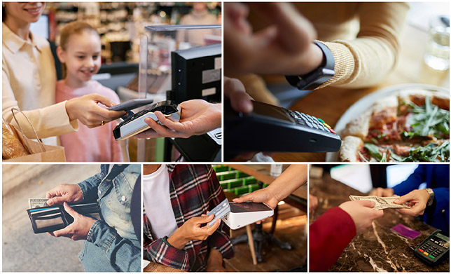 Collage of people using different payment methods