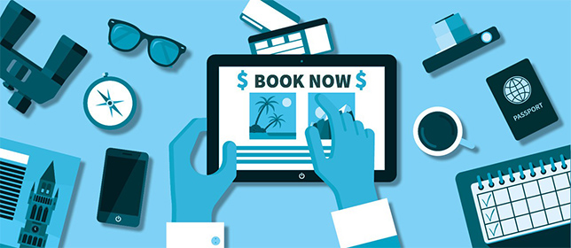 Illustration of person holding tablet that says Book Now