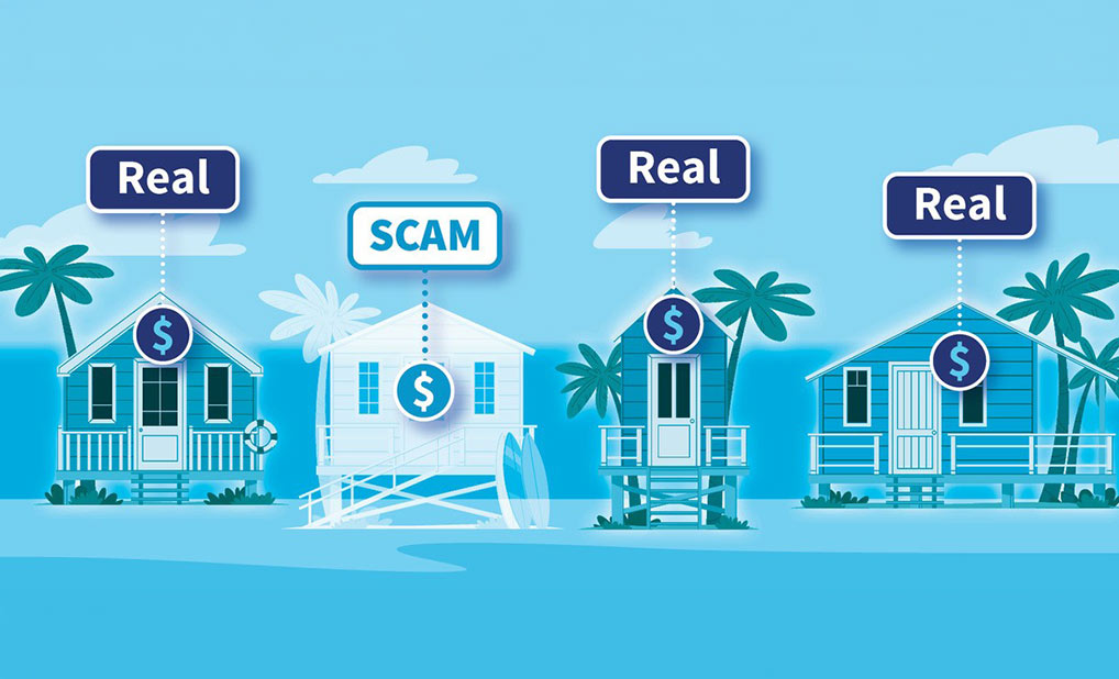 Illustration of row of houses with one marked scam and the rest marked real