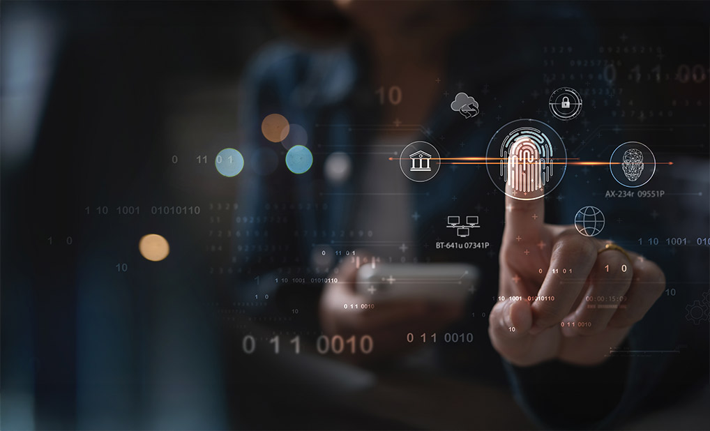 Illustration of biometric security system overlaid on photo of person holding up finger