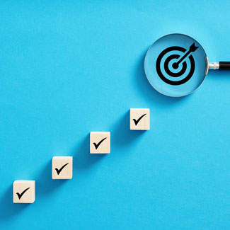 check marks with magnifying glass magnifying bullseye