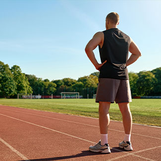The back view of an athlete on the track, looking straight ahead