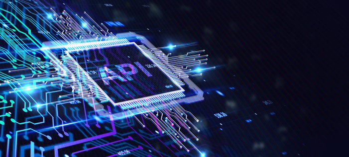 Digital illustration of a computer chip labeled 'API' glowing on a circuit board, surrounded by illuminated blue and purple circuit traces and connection nodes, representing technology and data connectivity.