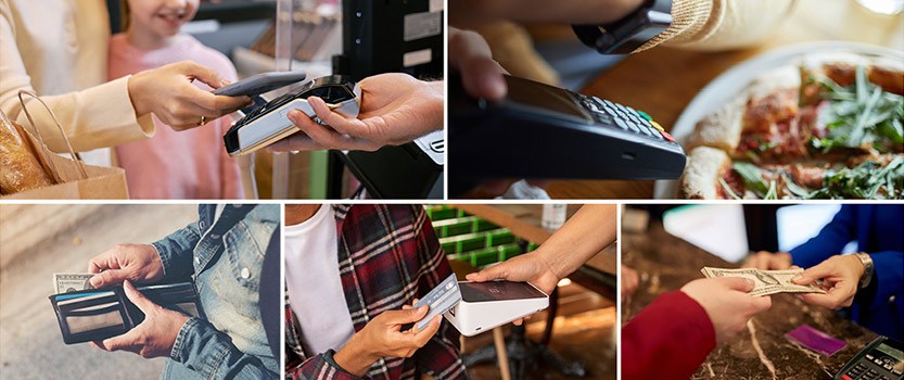 multi-image collage of people making payments with credit cards, cash, tap to pay options