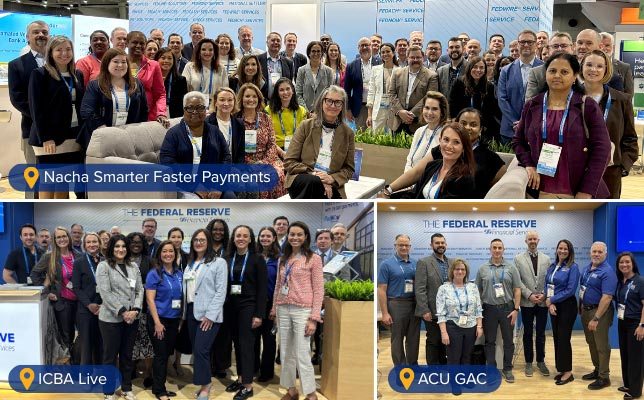 collage of Federal Reserve Financial Services representatives at Nacha Smarter Faster Payments, ICBA Live, and ACU GAC conferences