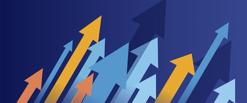 multicolored arrows pointing up and to the right against blue background