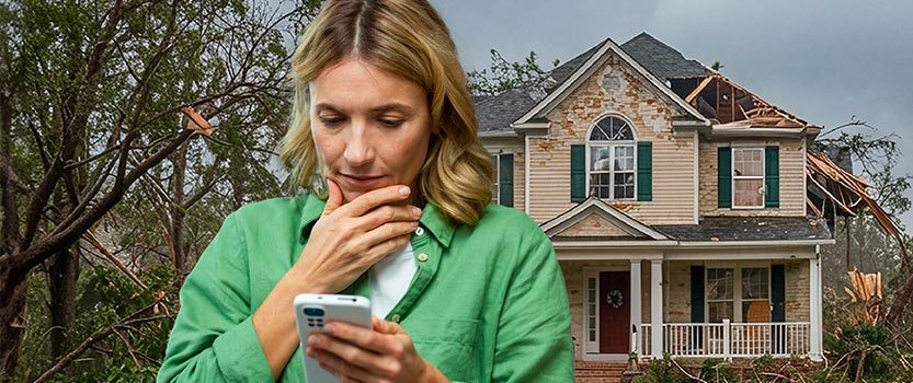 Person looking at phone in front of house affected by natural disaster