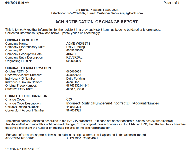 ACH Notification of Change Report