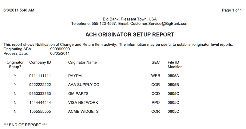 ACH Originator Setup Report
