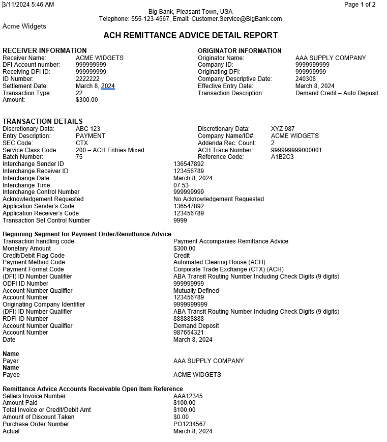 ACH Remittance Advice Detail Report