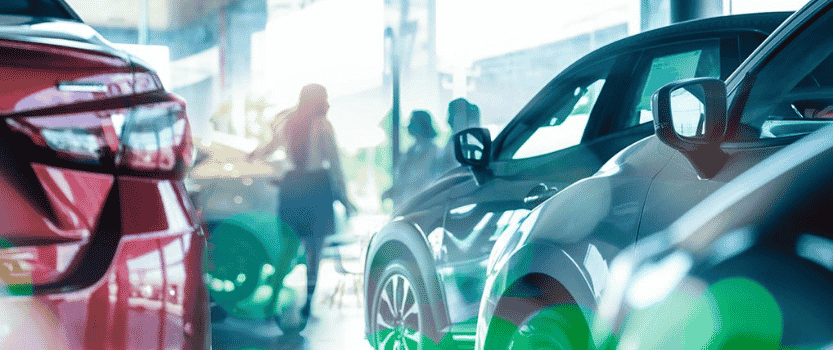 People talking on a showroom floor at a car dealership