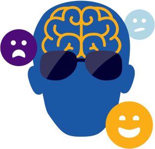 icon of blue head wearing sunglasses with illuminated brain outline surrounded by happy, sad and neutral faces