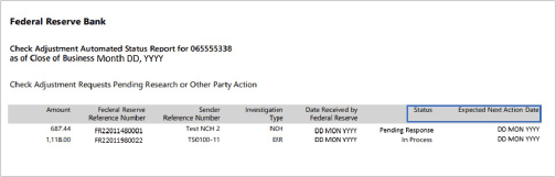 Federal Reserve Bank Check Adjustment Automated Status Report