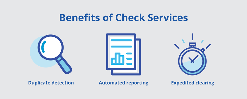 Benefits of Check Services: duplicate detection, automated reporting, expedited clearing