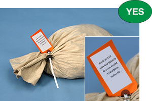 Correctly secured coin bag with a tamper-evident plastic seal and a correct color-coded tag.
