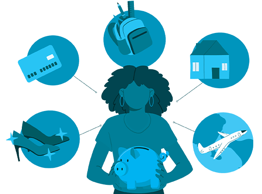 illustration of woman holding piggy bank surrounded by images of high heels, a credit card, backpack, house and flying jet