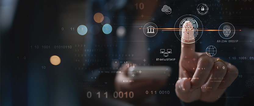Illustration of biometric security system overlaid on photo of person holding up finger
