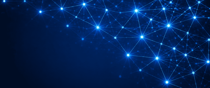 illustrated graphic of bright interconnected nodes foregrounding a deep blue background