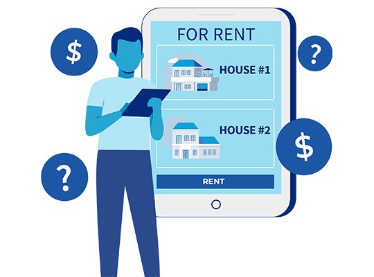 illustration of person holding tablet displaying two houses for rent