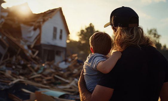a woman, holding an infant, standing in front of a ruined home