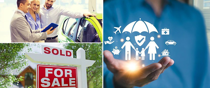 collage of market segments within payment industry, including couple buying a car, home 'for sale' sign and hand holding icons indicating family protection insurance