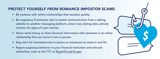 Protect yourself from romance imposter scams. Be cautious with online relationships that escalate quickly. Be suspicious if someone asks to switch communication from a dating website to another messaging platform, since many dating sites actively monitor for signs of scam activity. Never send money or share financial information with someone in an online relationship that you haven't met in person. Stay alert for inconsistencies in stories or reluctance to meet in real life. Report suspicious behavior to your financial institution and relevant authorities, such as the FTC at ReportFraud.ftc.gov.