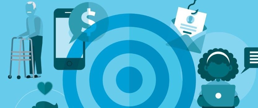 illustration with collage of icons showing old man using walker, smartphone with money alert, bullseye, fish hook hooking paper in an envelope