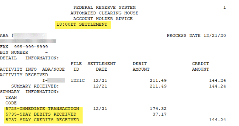 Image of a sample Federal Reserve ACH account advice for the 6:00 p.m. ET (18:00ET) settlement.