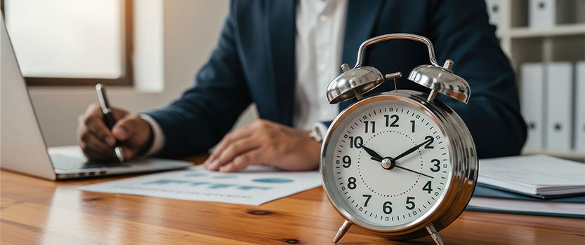 Man working on laptop with circle metal clock in the foreground