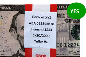 CORRECT—The stamp is in black ink, shows the required deposit information, and includes the teller’s identification and date of verification.
