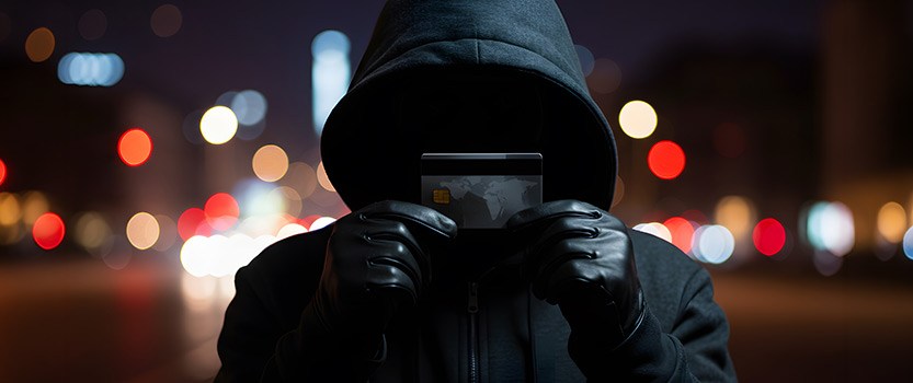 Hooded faceless figure holding a credit card
