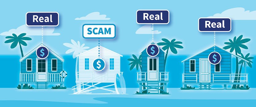 illustration of row of four beach homes, three are labeled real and one is labeled scam